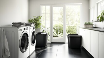 Minimalist laundry room with stacked machines, black bins, white sink, black tile floors, and lots of natural light.