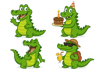 Fun crocodile characters celebrating a birthday party with cake, drinks, and joyful expressions