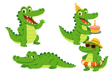 Crocodile characters celebrating various activities in a fun and cheerful vector illustration