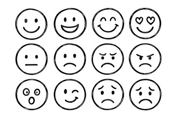 Collection of flat vector illustrations featuring various emoticons expressing different emotions and feelings