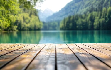 A wooden boardwalk with clear texture and sunlight shadows over calm green lake water, dense forest, and hazy mountains in the background.