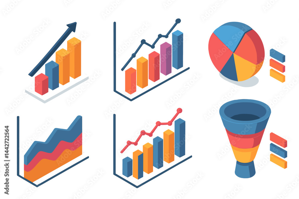 Poster modern vector flat illustration of various data visualization techniques including graphs and charts