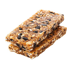 Two granola bars, topped with dark chocolate chips and nuts, stacked and ready to eat.