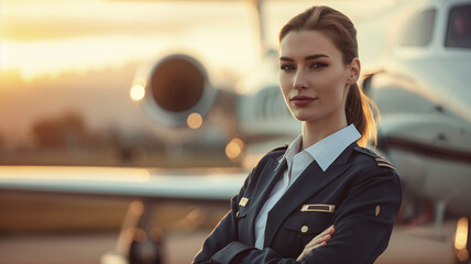 This Pilot in uniform poses with arms crossed by a private jet at sunset, showcasing aviation pride.