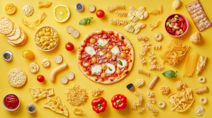 Top view Italian food spread with pizza, pasta, caprese, and homemade snacks, flat lay composition