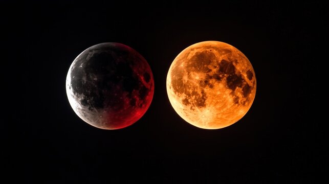 Lunar eclipse, two moons, one shadowed, one reddish