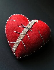 A red heart with white stitches on it, torn and patched in the middle, on a black background, made of felt
