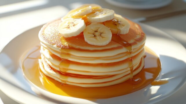 Top view of crispy golden pancakes stacked with banana parts and honey