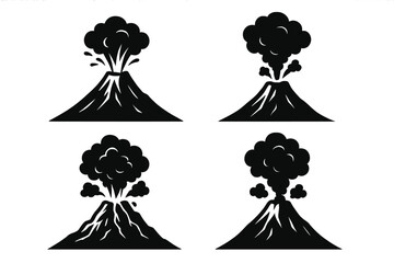 Volcanic eruption in flat vector illustration style depicting various stages of lava and ash cloud formation
