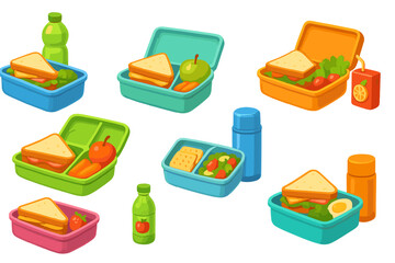 Colorful vector flat illustration of lunchboxes with healthy meals for kids in school settings