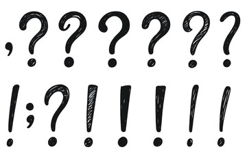 Vector illustration of various punctuation marks including question marks and exclamation points in a creative layout