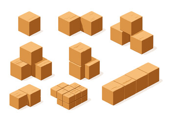Various arrangements of wooden blocks showcase creativity and design in a playful vector flat illustration