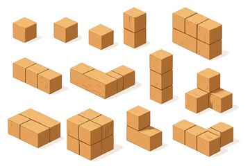Fototapeta premium Various wooden blocks arranged in different shapes and sizes on white background for creative design and educational purposes