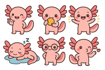Cute axolotl character illustrations in various playful activities and expressions