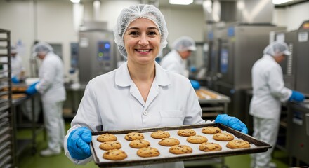 Smiling Female Baker Holding a Tray of Freshly Baked Chocolate Chip Cookies in a Modern Industrial Bakery Kitchen