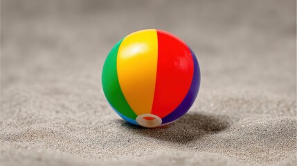 Obraz premium Colorful Beach Ball on Light Brown Sand at a Summer Beach Scene with a Fun and Relaxing Vibe