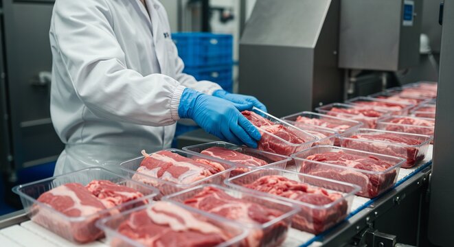 Factory worker in protective clothing packaging fresh raw meat steaks on a conveyor belt in a modern meat processing plant.