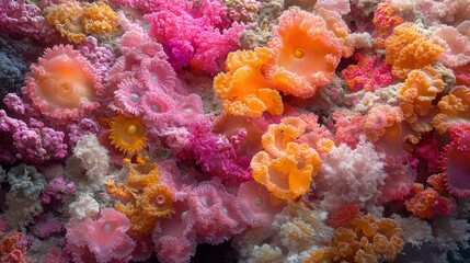 Fototapeta premium Vibrant underwater coral reef blooms with colorful coral polyps and marine life