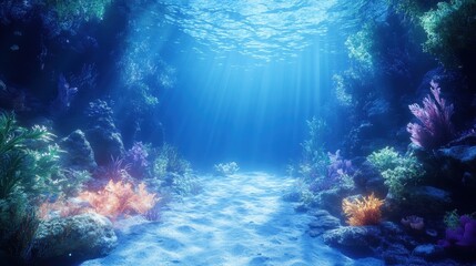 Fototapeta premium Vibrant coral reef and sunlit sea floor in tranquil ocean waters