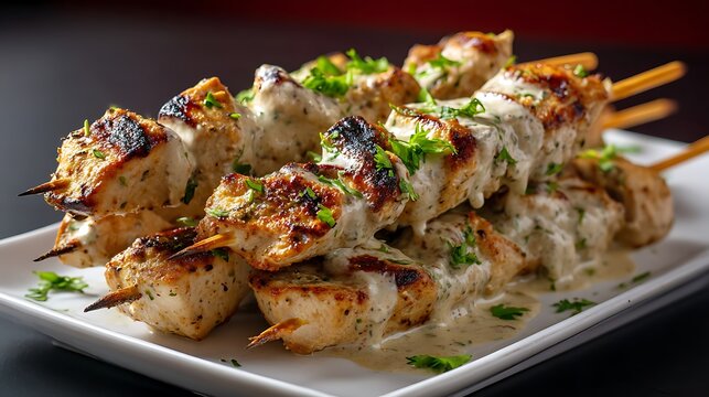 Tender chicken malai tikka skewers, marinated in a creamy, pale marinade flecked with green chilies, offering a juicy and flavorful Indian grilling experience.  
