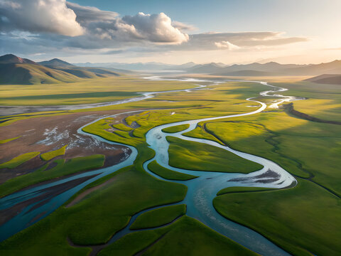 Aerial view of winding river through green landscape nature scenery