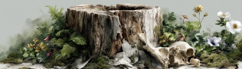 Tree stump demonstrating illegal logging and ecosystem damage concept. A detailed view of a tree stump surrounded by wildflowers.