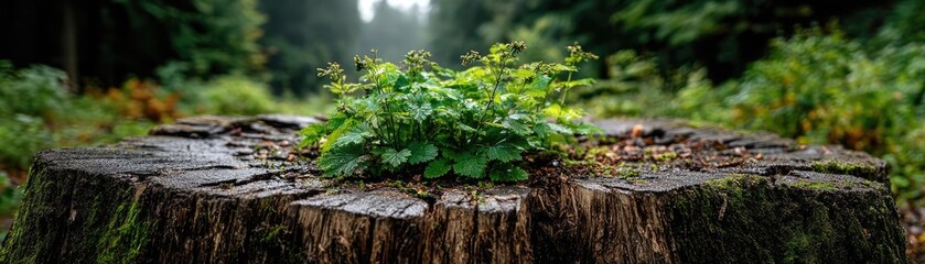 Tree stump illustrating climate change effects on deforestation concept. A vibrant plant thriving on a tree stump in a lush forest setting.
