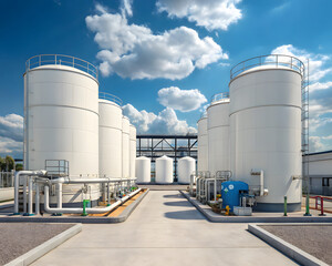 Industrial storage tanks exterior view with blue sky and white clouds