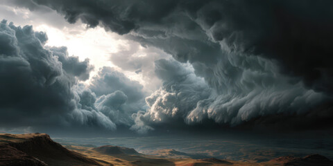 Fototapeta premium Dramatic storm cloud formation with lightning against a vibrant sunset backdrop.