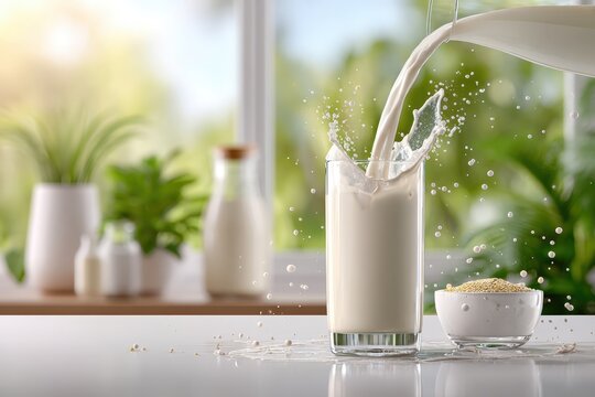 Dairy product, fresh milk pouring into a glass