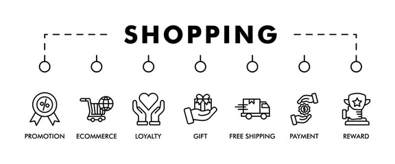 Shopping banner web icon set vector illustration concept with icon of promotion, ecommerce, payment, gift, price, free shipping, loyalty, reward icons infographics symbol background