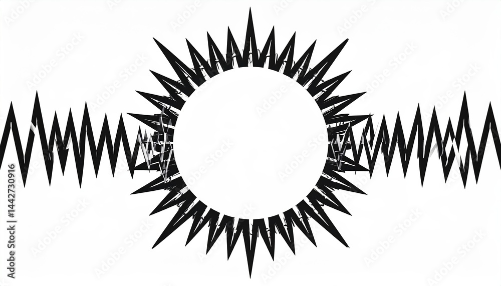 Poster dynamic abstract art displaying spiky patterns and circular motifs in a minimalist style