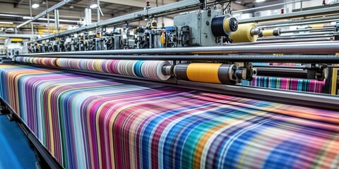 Textile factory producing striped fabric with thread spools.
