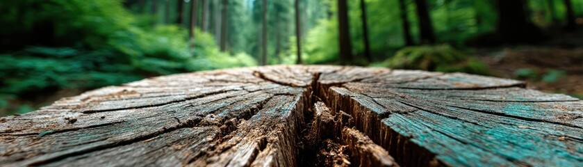 Fototapeta premium Tree stump illustrating the impact of human activity on forests concept. Close-up view of a tree stump in a serene forest setting.