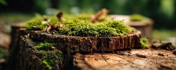 Obraz premium Tree stump demonstrating illegal logging and ecosystem damage concept. Wooden stump covered in vibrant green moss in a serene forest setting.