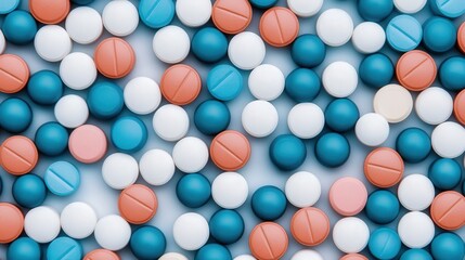 A colorful assortment of blue, white, and orange tablets arranged in a scattered pattern on a flat surface.