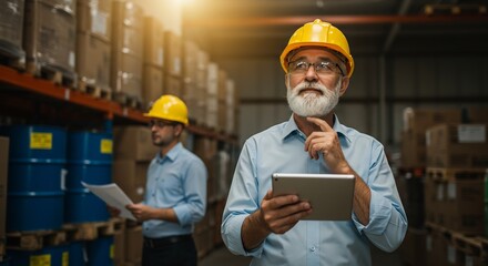 Thoughtful Senior Warehouse Manager Using Tablet Computer in Industrial Setting