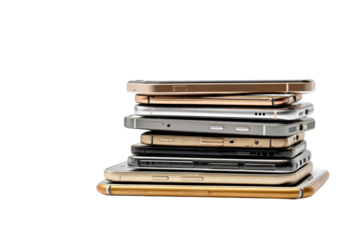 Stack Of Mobile Phones In Different Metallic Finishes isolated on a transparent background