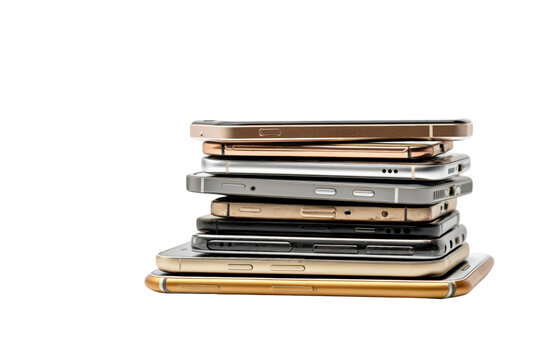 Stack Of Mobile Phones In Different Metallic Finishes isolated on a transparent background