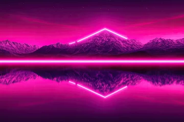 Fototapete Rund Pink neon lights illuminate a mountain range reflected in a calm lake  A vibrant, surreal landscape bathed in a gradient of pink hues © Ibnu