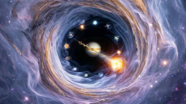 Cosmic clock vortex with planets orbiting in spiral galaxy