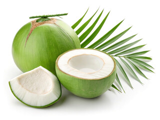 Young green coconut with half cut showing coconut juice, palm leaf background, isolated on white.  