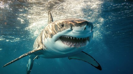Great white shark swimming underwater with sunlit ocean background
