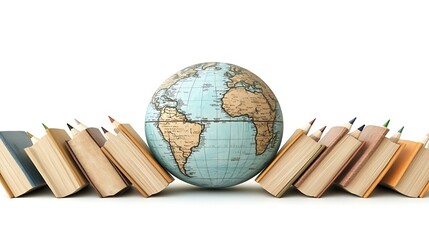 Books pencils and a world globe