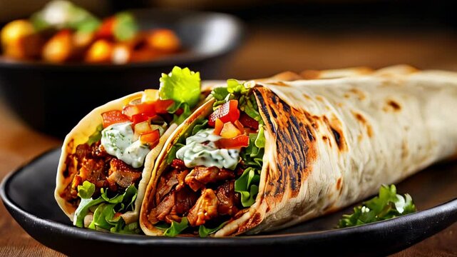 Delicious chicken shawarma wraps with fresh vegetables and creamy sauce on a plate.