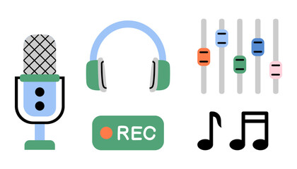 Sound recording set of elements in flat style. Microphone and headphones. Music, podcast recording.