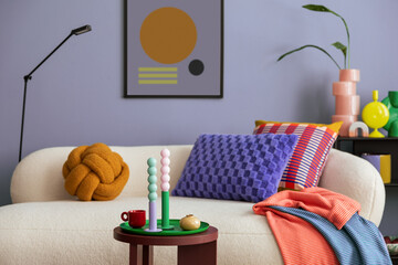 Modern and colorful interior of living room with design boucle sofa, mock up poster, shelf, plants,...