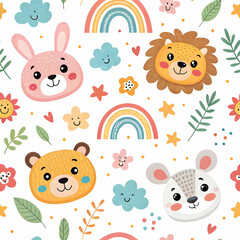 Naklejka premium Cute Animal Seamless Pattern: Rainbow, Bunny, Lion, Bear, Mouse Design