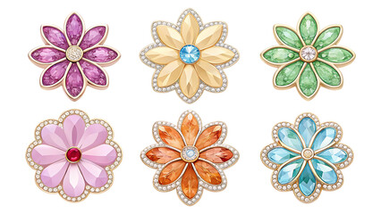 Fototapeta premium set of colorful flower gemstones isolated on white background PNG. AI GENERATED
