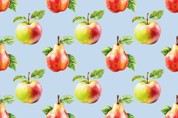 Fruit seamless pattern with apples and pears on a light blue background